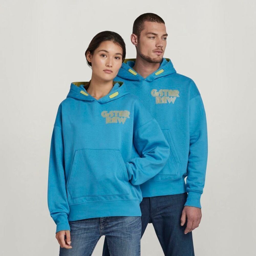 G-Star Raw Disco Chest Hoodie Unisex Cotton Blend Blue‎ Yellow Size L